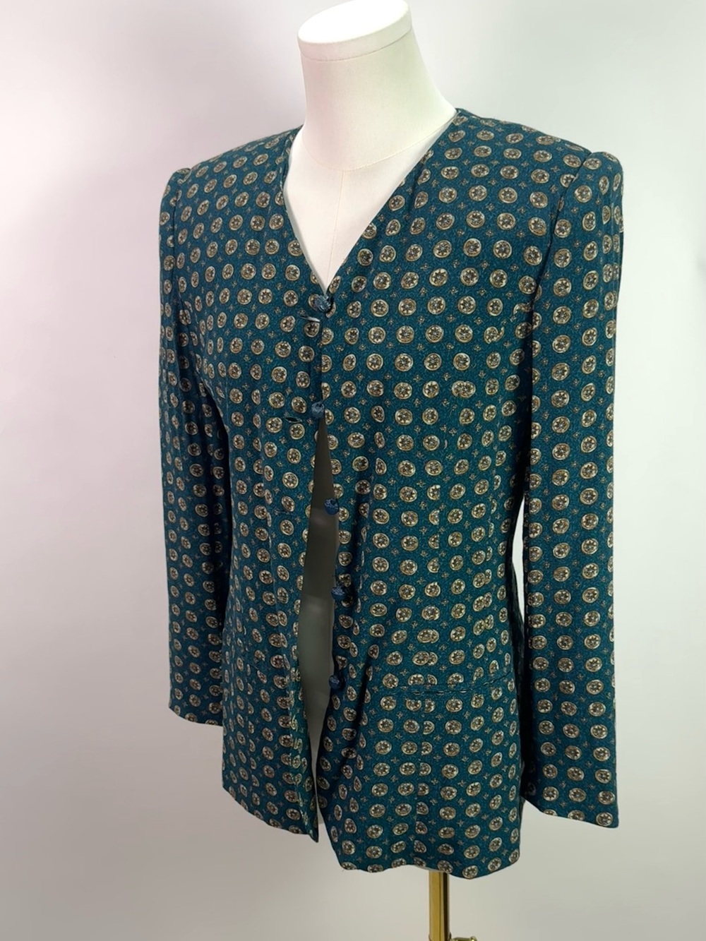 90s Vintage Jewel Tone Teal Green Blazer | Rayon Nylon Medallion Print Jacket